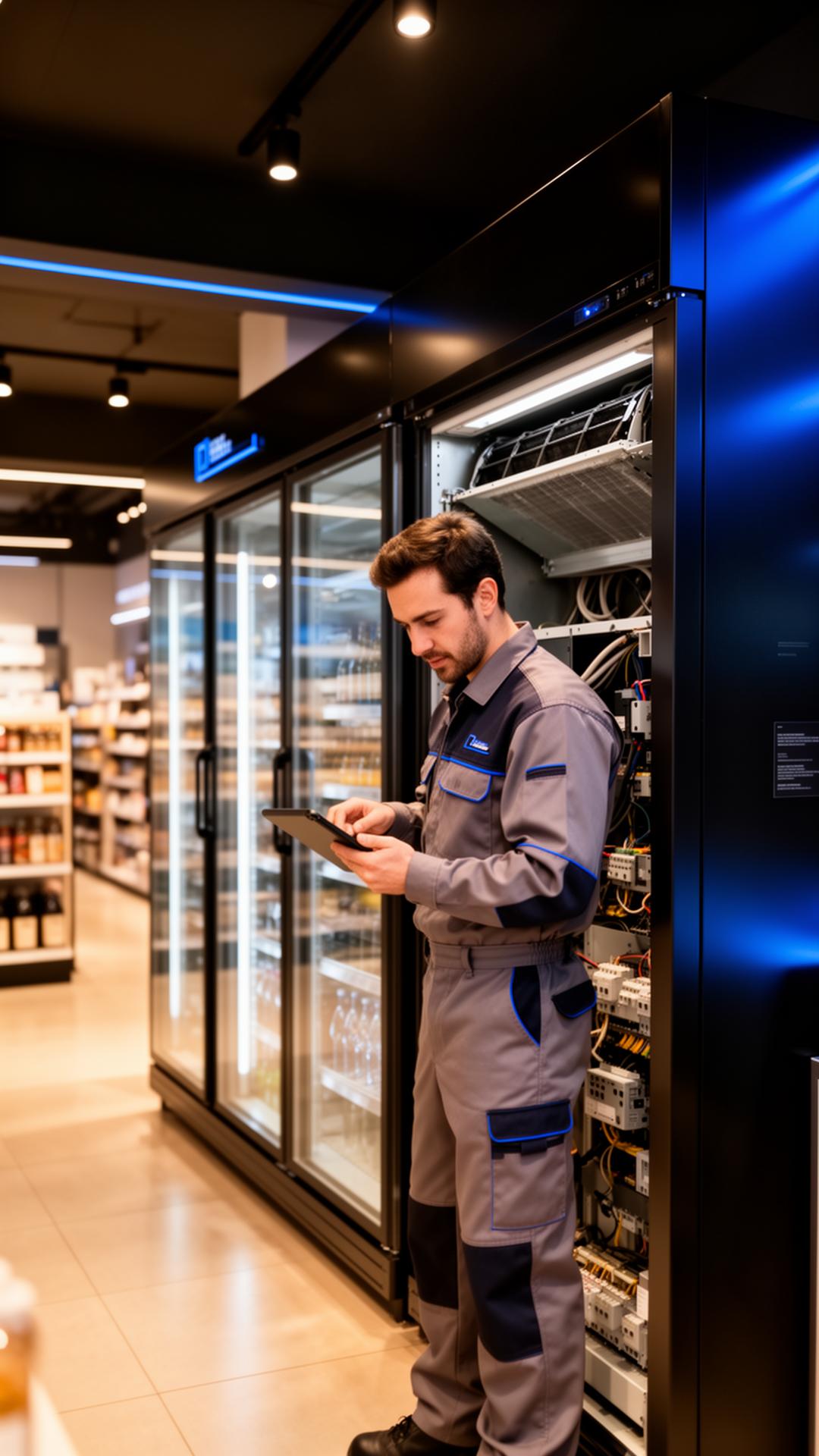 Briseon-technicus bij commerciële koelinstallatie in een retailomgeving